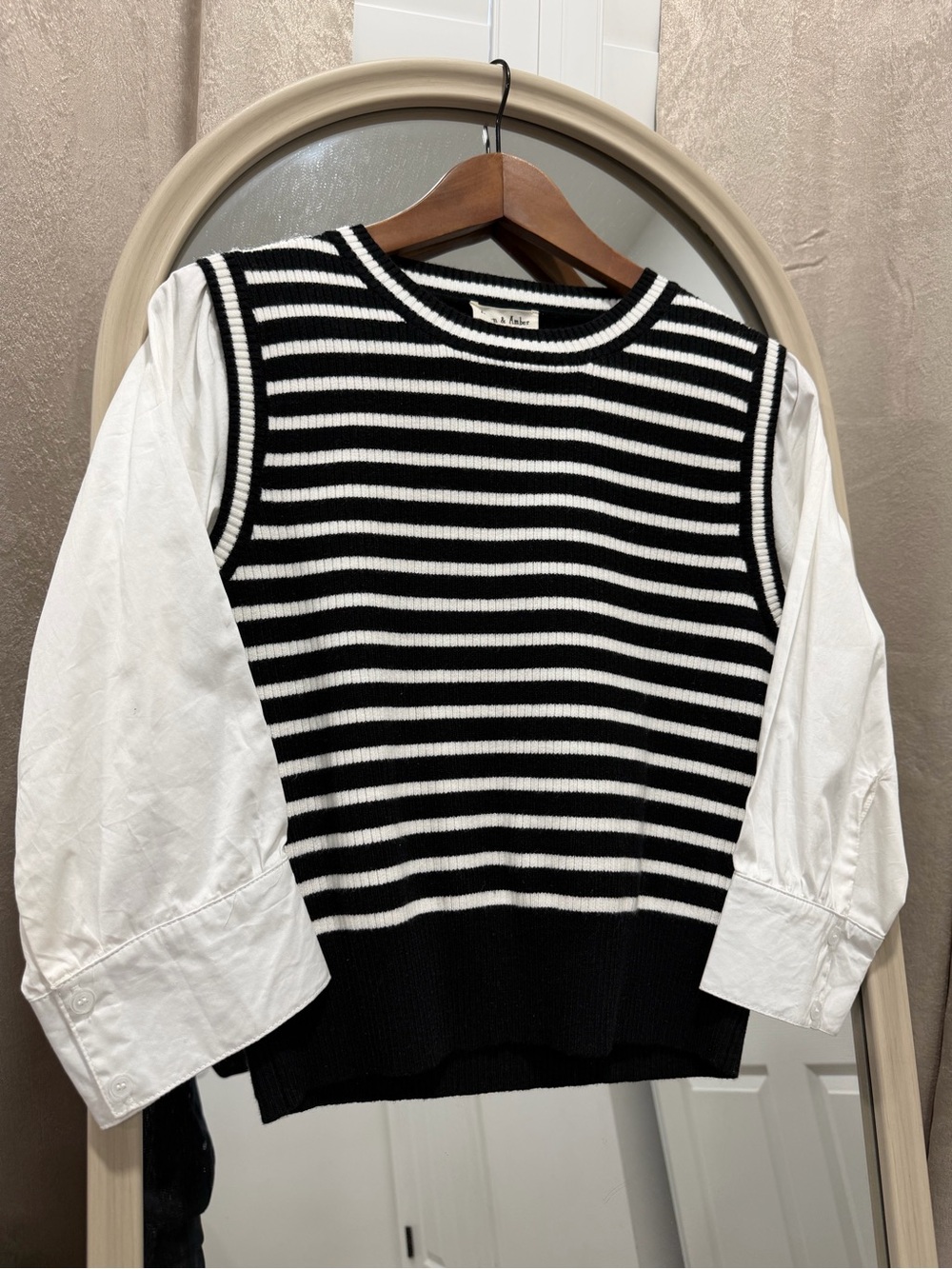 Sleeveless Knit Vest in Black & White Stripe Aaron and Amber